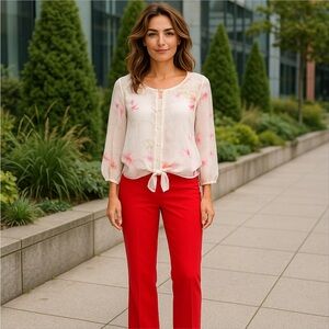 Express white semi sheer top with tie waist and red butterfly design